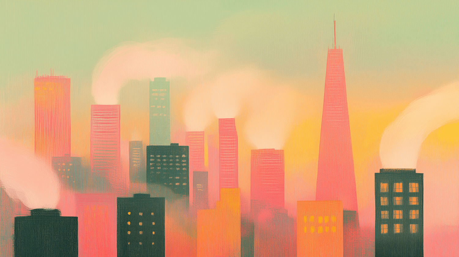 Pastel anime-style city skyline glowing at sunset