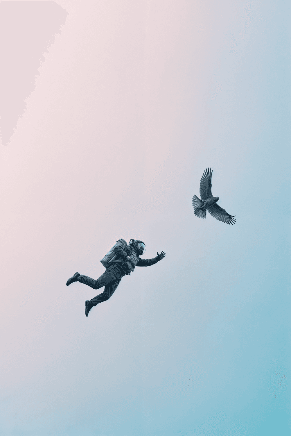 Astronaut floating in a gradient sky beside a small bird