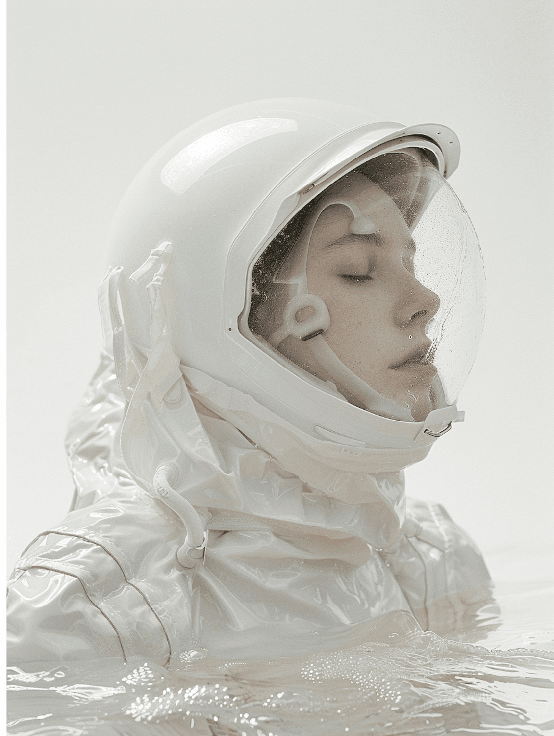 Astronaut in a white suit partially submerged in calm water