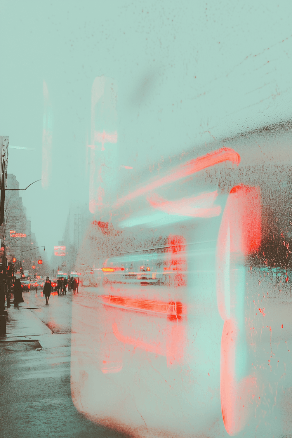 Rain-soaked city street with neon accents and light trails on wet pavement