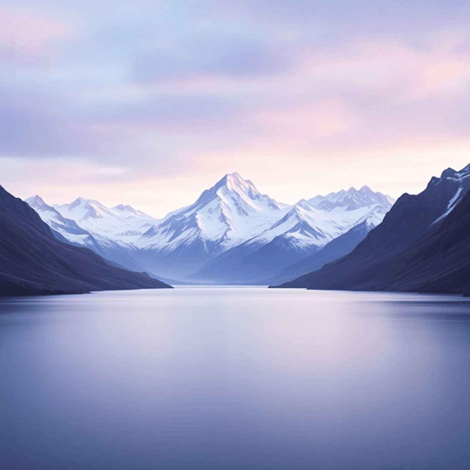 Tranquil lake below snow-capped mountains under a pastel sky