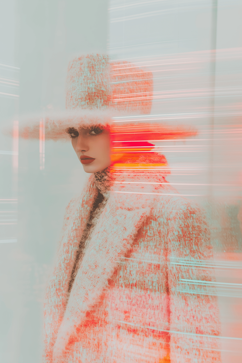 Woman in a tweed coat and hat surrounded by streaks of neon light