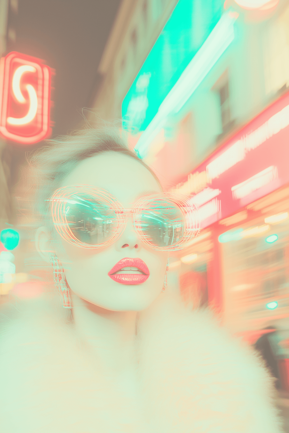 Glamorous woman with oversized sunglasses and red lips on a neon-lit street
