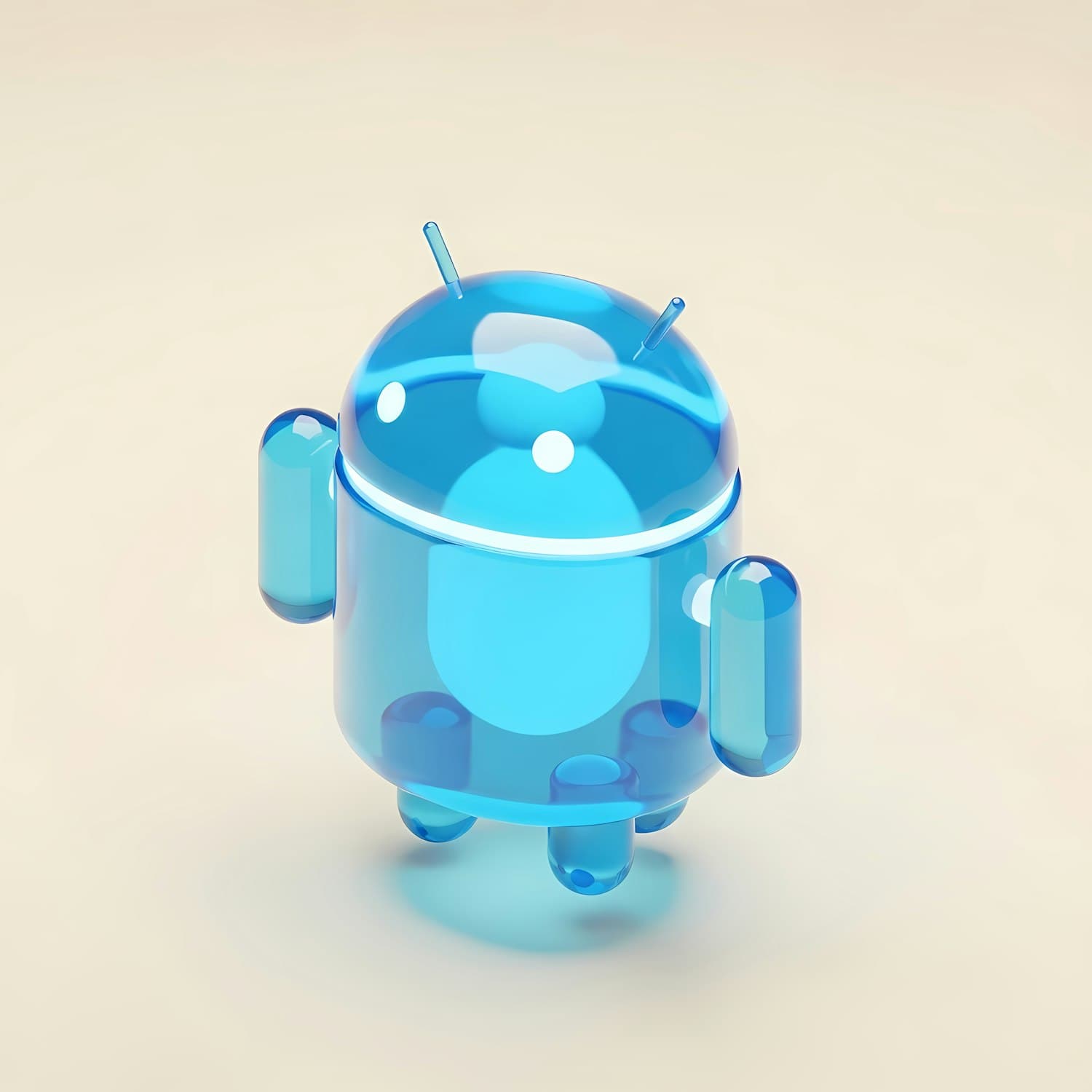 Translucent blue 3D robot with a glossy finish on a beige background